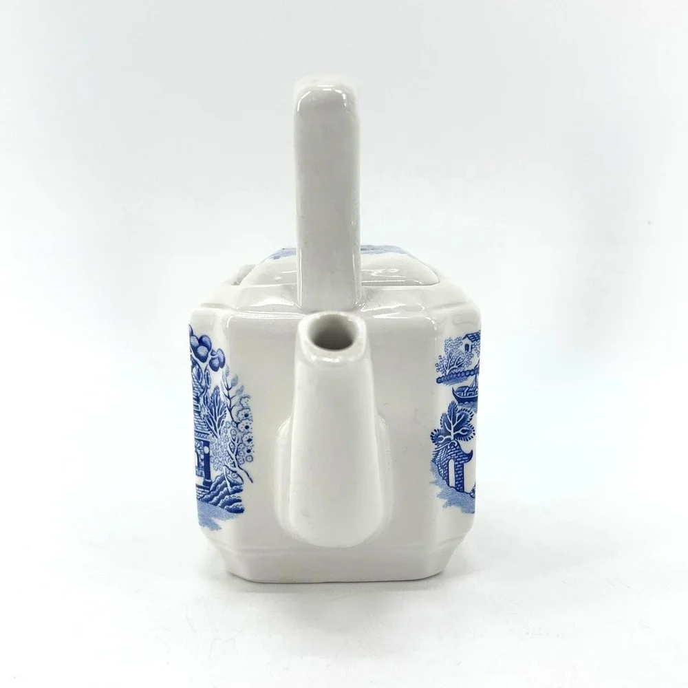 Churchill Blue Willow Chinoiserie Ceramic Teapot Blue White Pagoda Square Base